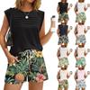 Women's Casual Fashion Crewneck Pleated Hawaiian Print Shorts Set