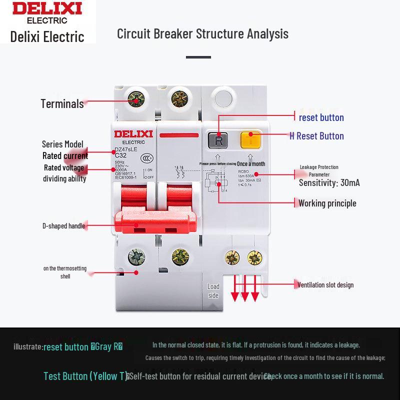 Delixi DZ47SLE Type C 4P 380V Earth Leakage Circuit Breaker with Leakage Protection