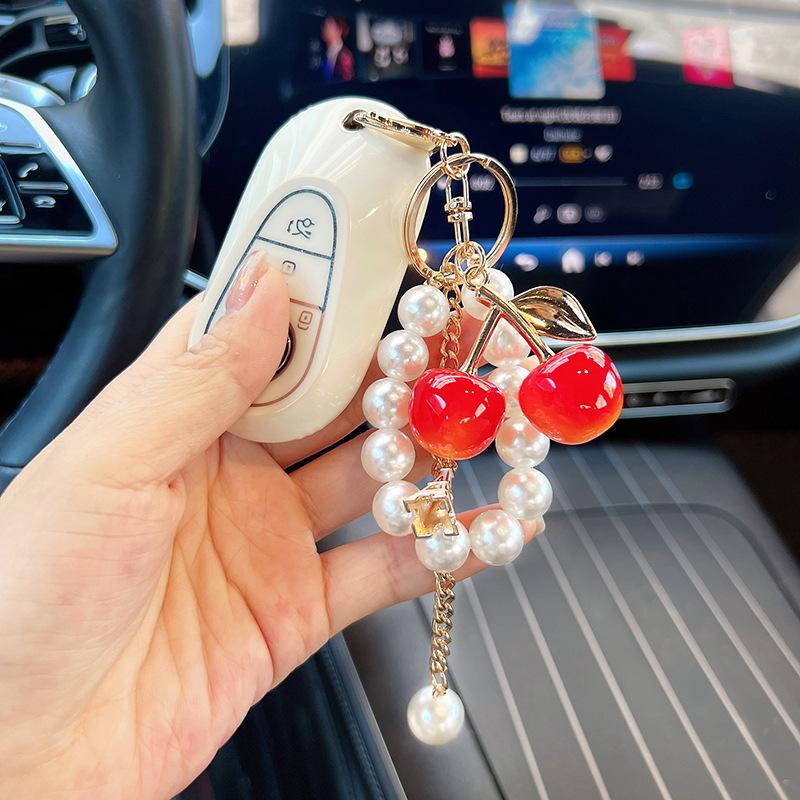 Yogodlns Acrylic Cherry Bag Charm With Imitation Pearl Bead Chain Mini Eiffel Tower Metal Pendant Gold Leaf Keychain Handbag Accessory