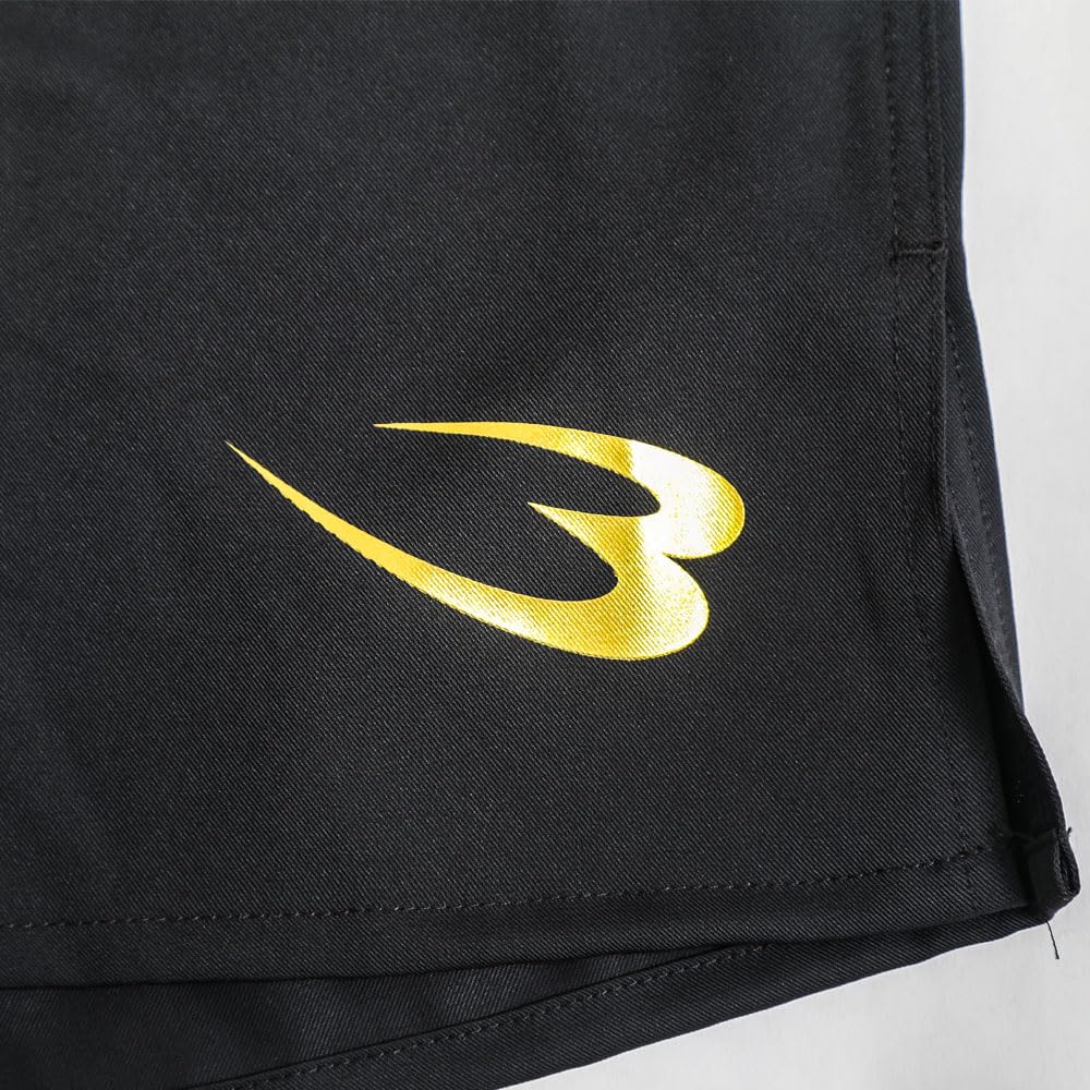 BODYMAKER Fight Shorts, Size L, Black x Gold. Perfect for kickboxing, MMA, boxing, Muay Thai, and other martial arts training.