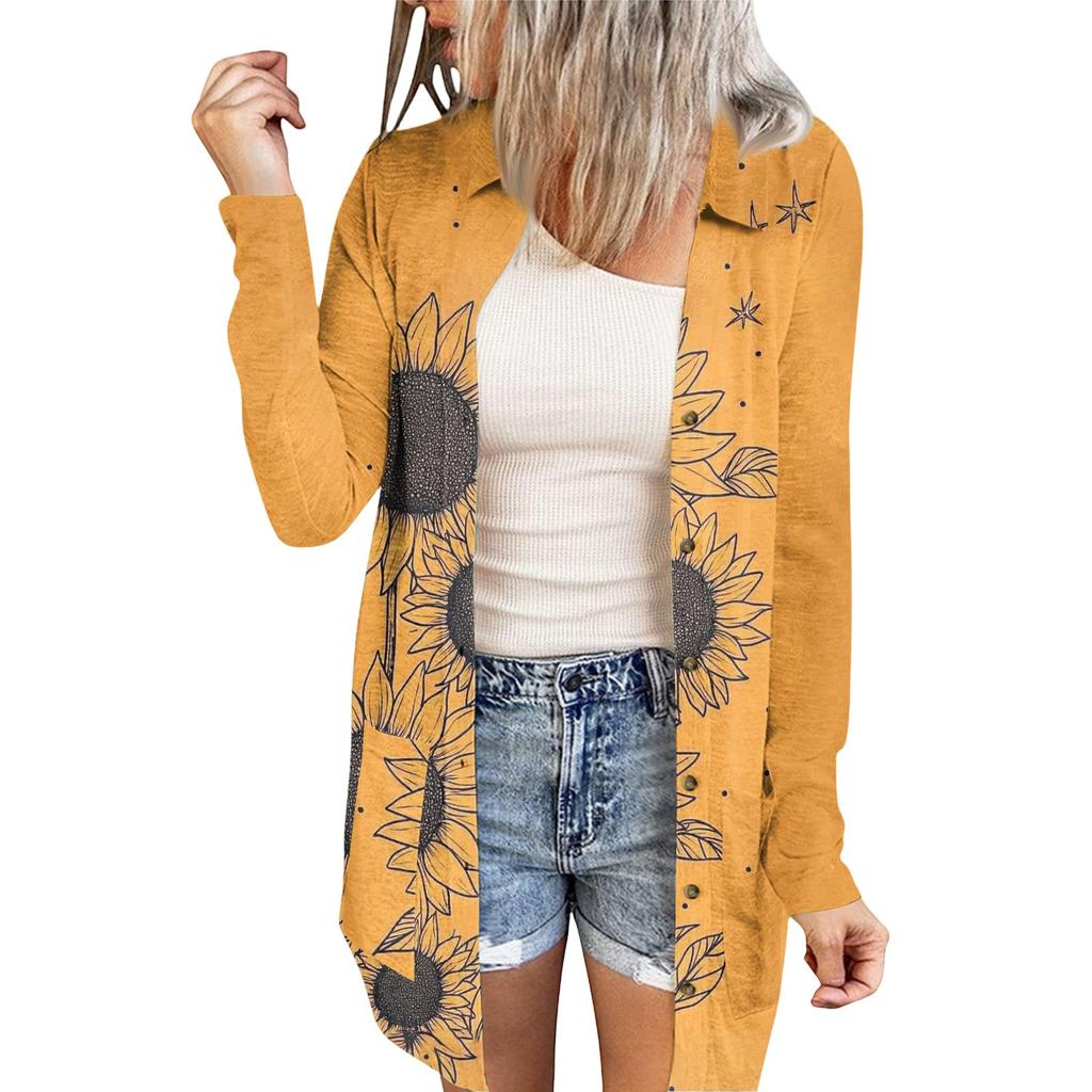 Women's Casual Fashion Floral Print Long Sleeve Mid-Length Cardigan Jacket