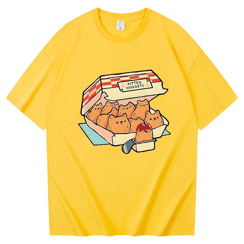Kocięce Nuggets Radosne Koszulki Damskie Kawaii/urocze Koszulki High Street 100% Bawełna T-shirty Kocie Ciastka Sos do Maczania Krótki Rękaw