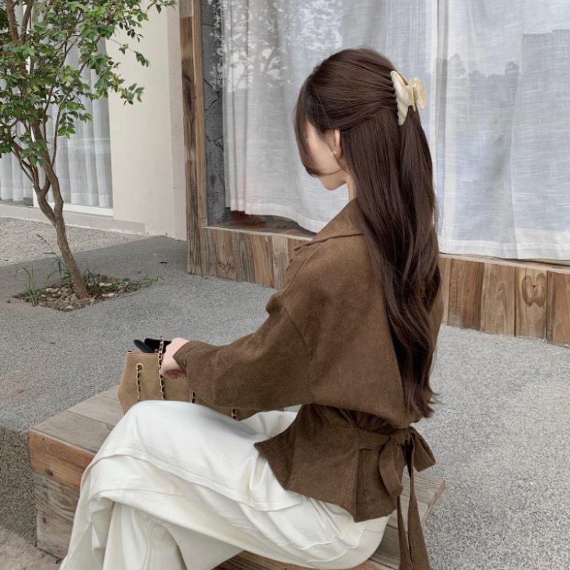 Elegant Korean Corduroy Tie-Up Lapel Shirt - Slimming Autumn/Winter Top for Women