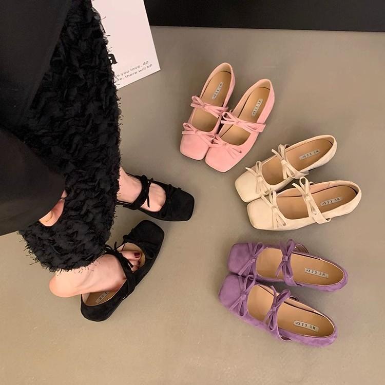 Gentle Bow Ballet Shoes with One Word French Inner Height Increase Mary Jane Shoes Women's Spring and Autumn Suede Platform Single Shoes