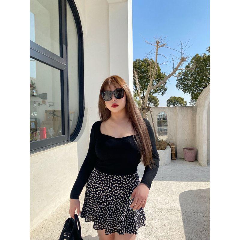 Miss Biggie Fashion Plus Size Chubby Girl Figure Flattering Slim-Fit Versatile Knitting Peach Collar Long Sleeves T-shirt Tops