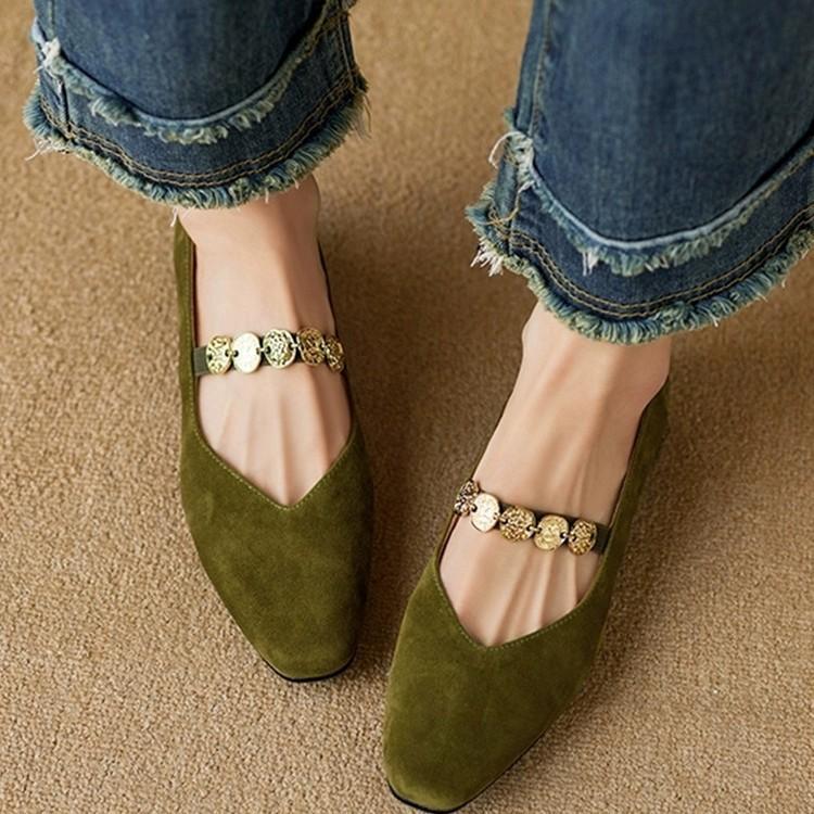 Soft square head gold coin chain Mary Jane shoes women's 2025 new retro French comfortable versatile low heel thick heel single shoes