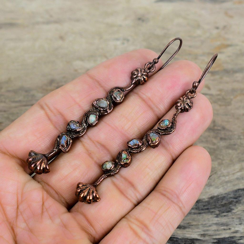Cercei Opal Etiopian Cupru Electroformat Cercei cu Piatră Prețioasă Naturală Bijuterii din Cupru Cercei Delicați Bijuterii Handmade Cadouri Pentru Femei