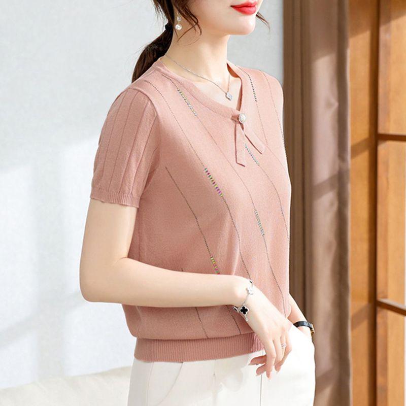 Ice Silk Short Sleeved Women's Knitted T-shirt Mom Summer T-shirt Loose and Thin Small Top