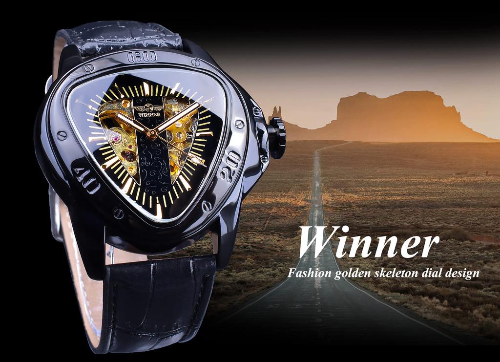 Winner Fashion Mechanical Watch with Triangle Racing Dial, Waterproof Golden Skeleton Dial, Automatic Movement, Leather Design, Men's, Black_1.