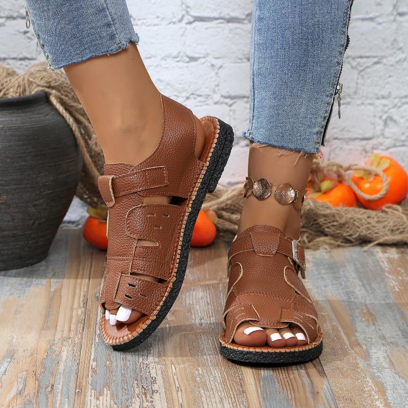 Large Size New Belt Buckle Flat Bottom Hollow Sandals Women Retro Wind Wear Solid Color Beach Cool Slippers Wish