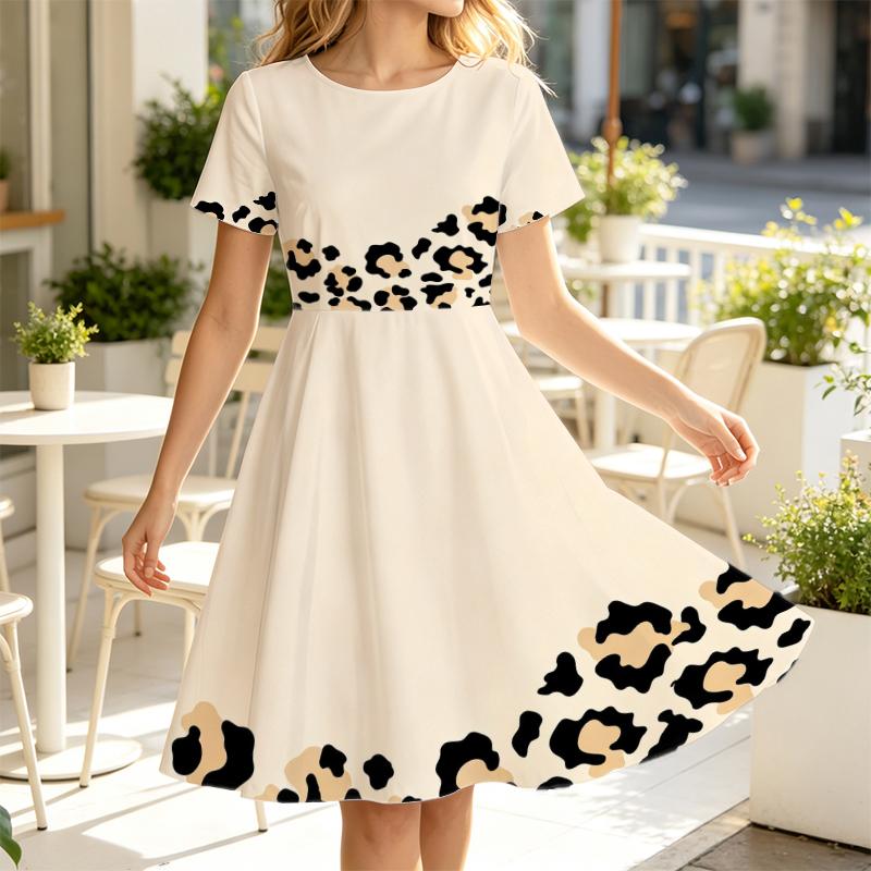 Women Trendy Summer A-Line Dress, Crew Neck Short Sleeve Cut, Partial Leopard Pattern, Cream Flowy Dress For Casual Street Wear