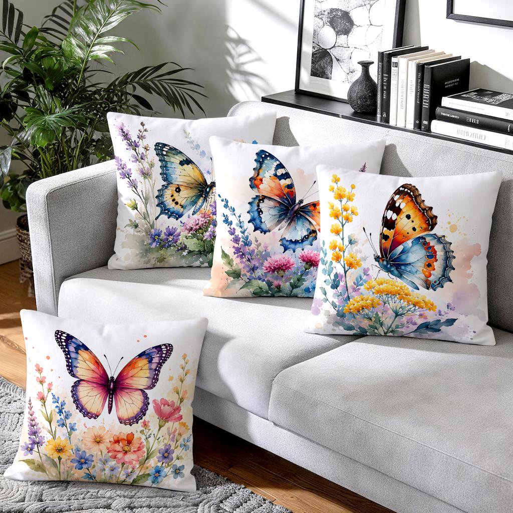 Watercolor Butterfly Flower Cluster Cushions Pillowcase Polyester Cushion Cover Throw Pillow Pillowcover Home Car Sofa Decor