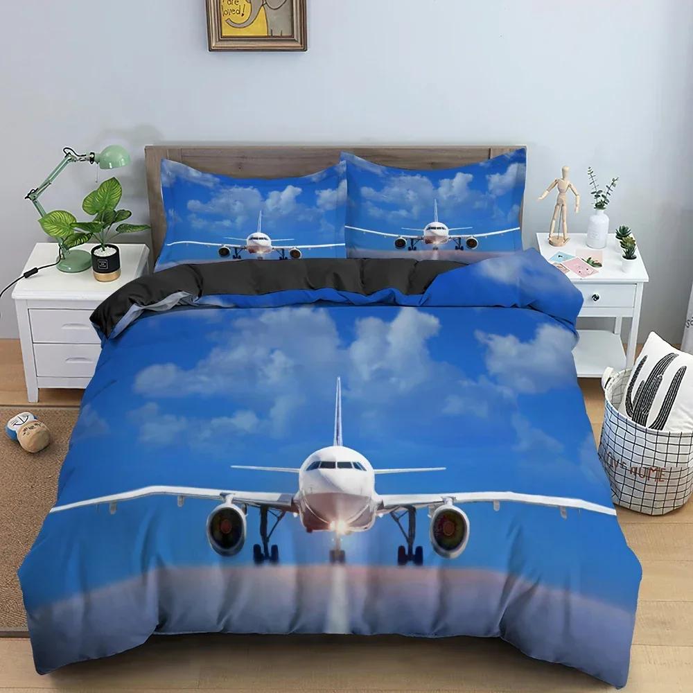 3D Flugzeug Blauer Himmel Luftfahrt Flugzeug Landebahn Bequeme Bettdecke Bettbezug Kissenbezug Bettwäscheset Kinder Schlafzimmer Dekoration
