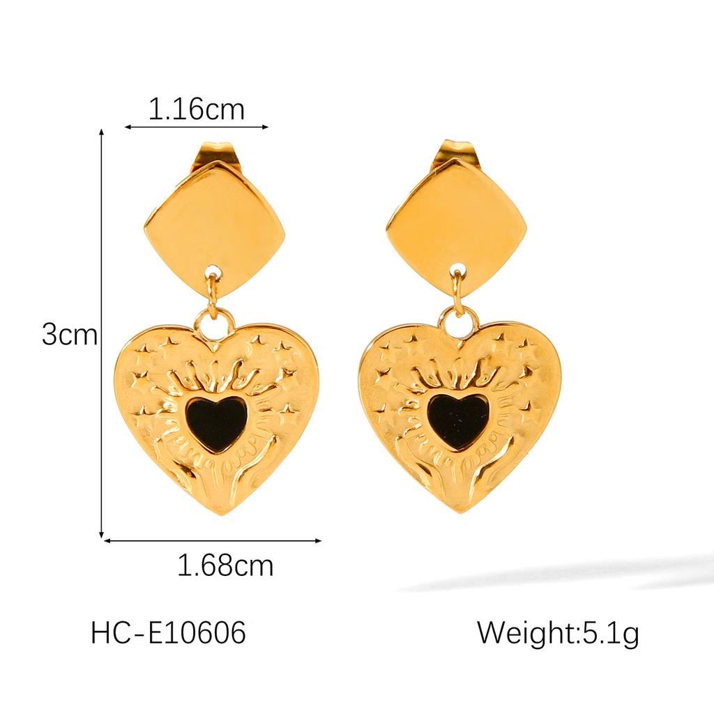 Euro-American Fashion Stainless Steel Heart Relief Pendant Earrings 18K Gold Non-Fading Retro Heart Titanium Steel Studs