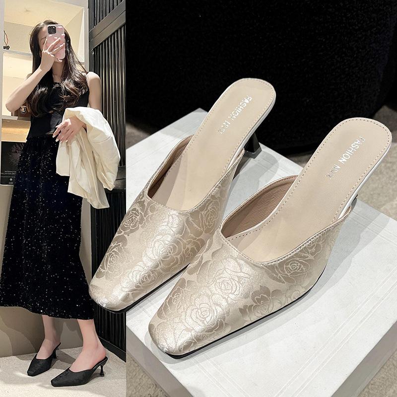 Pointed High-heeled National Style Versatile Outer Wear Thick Heels Cool Slippers Women's 2025 Baotou Half Slippers Women's Fashion New