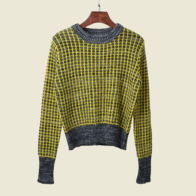 

Fleece Plaid Warm Sweater Winter Slim Fit Long sleeve Pullover French style Fashion Inner wear Mohair Knits Yellow One size