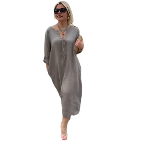 Sukienka damska z dekoltem w serek, guzikami, zdobiona, długimi rękawami, luźna, jednolita, w dużym rozmiarze, do połowy łydki, prosty styl, dojazdy do pracy, codzienne noszenie, sukienka midi