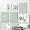 Abstrakt linje Figur Gröna löv Affisch Modern Väggkonst Dukmålning Nordisk Minimalistisk Bildtryck Hem Vardagsrum Inredning