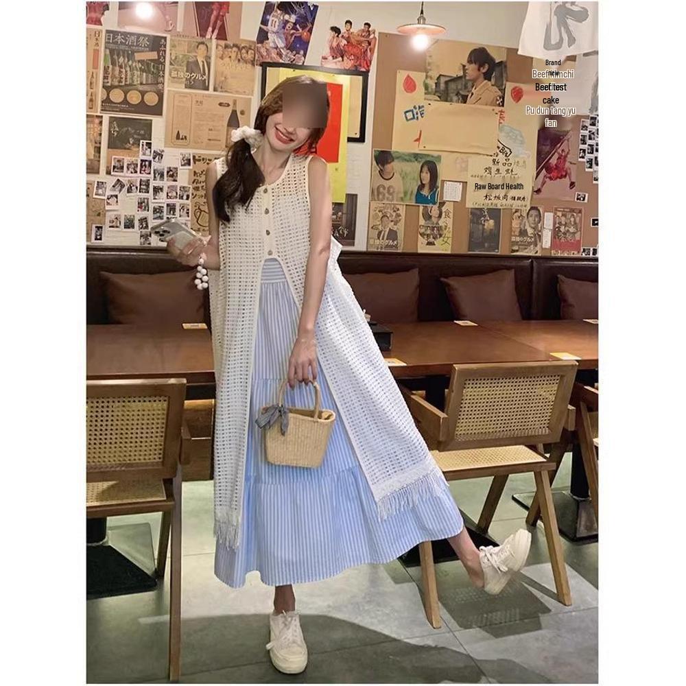 

Женское летнее вязаное кардиганное платье с кружевом, кисточками, многослойное, с разрезом XL (recommended 110-120 catty)