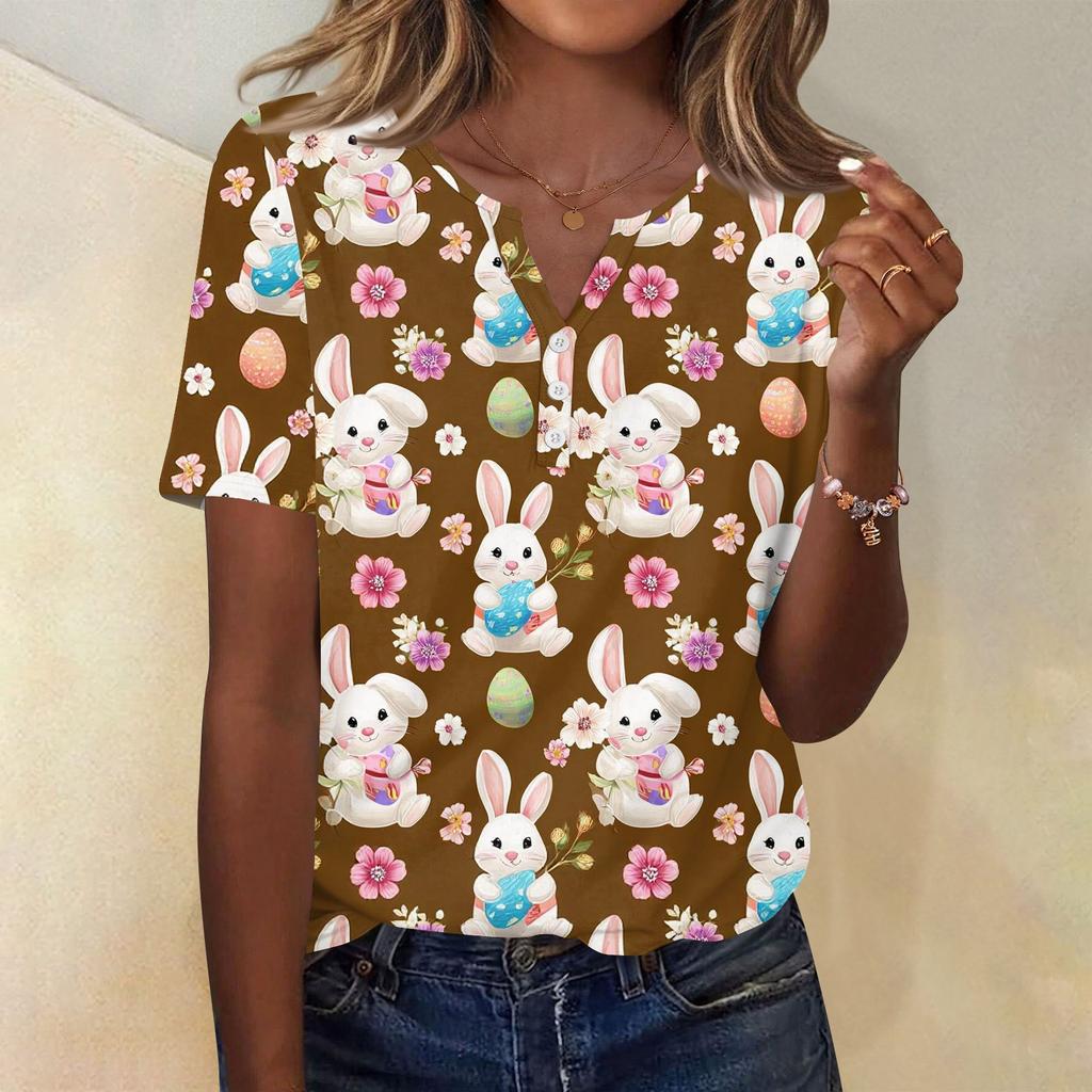 Women's T Shirt Print Button Short Sleeve Daily Weekend Fashion Basic V- Neck Regular Top