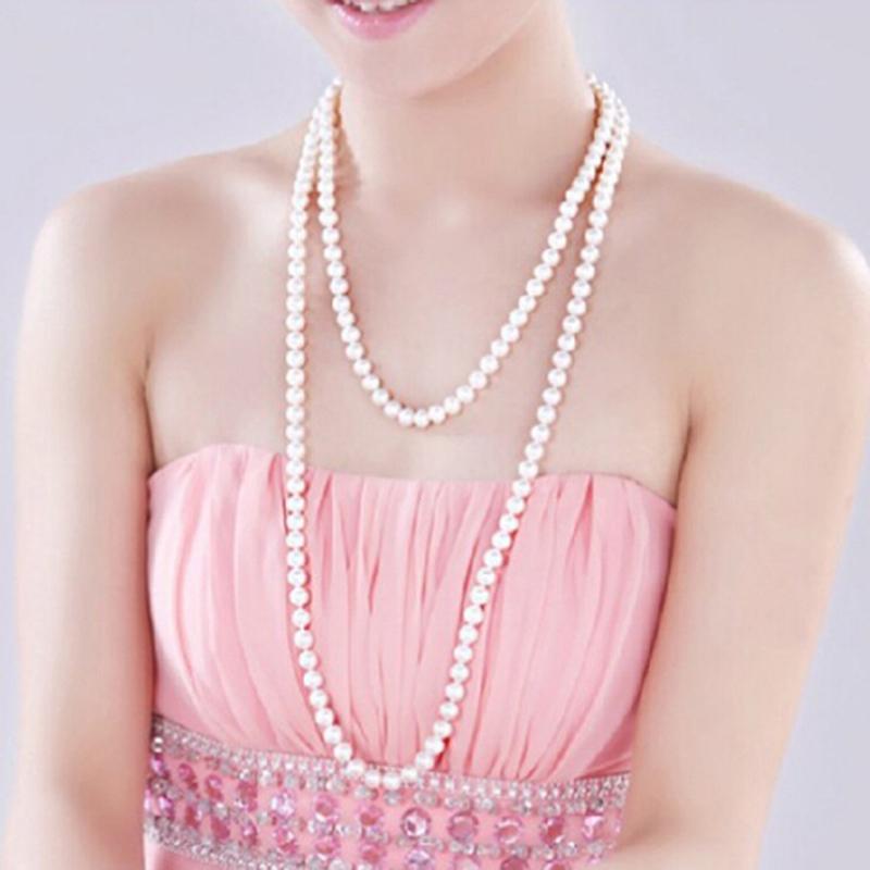 

New Round Imitation Pearl Necklace White Beads Vintage Multi Strands Necklace Women Sweater Chain For Party белый
