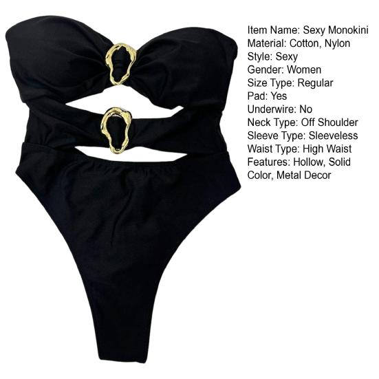 Sexy Monokini Off Shoulder Bandeau Hollow Design Solid Color One-piece Swimsuit with Irregular Metal Rings Vacation Wear