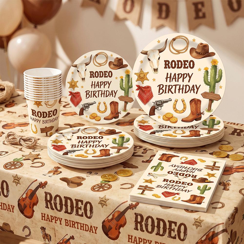 Rodeo Theme Birthday Party Decor Tableware Set Paper Plates Cup Napkins Tablecloth Wild West Cowboy Cowgirl Rodeo Party Supplies