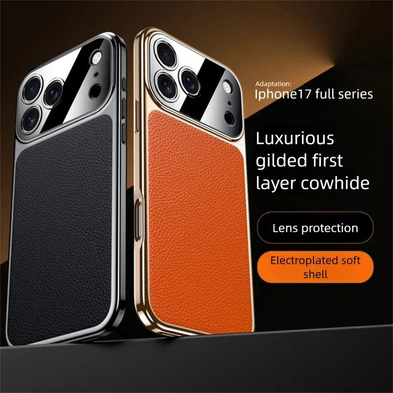 Premium Full Grain Leather Case For iPhone 17 Air Pro Max Luxury Cover Electroplating Frame