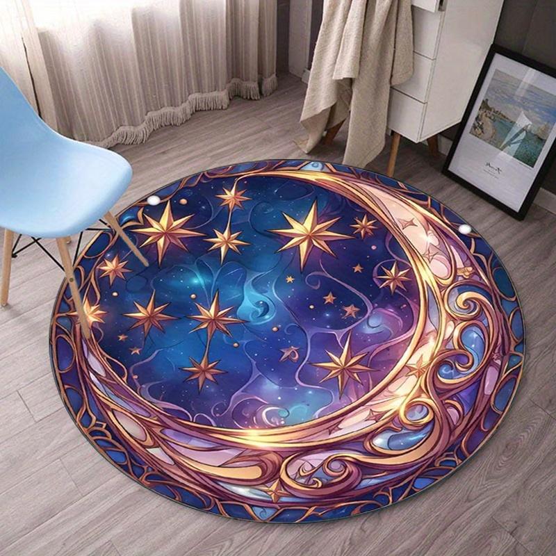 

Starry Night Moon Pattern Round Crystal Velvet Rug for Living Room Bedroom Decor Space Fantasy Cosmic Design Home Decoration 120cm