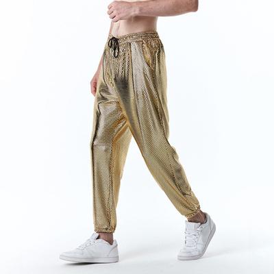 Men Pants Drawstring Elastic Waist Rhombus Metallic Retro Loose 70s Disco Bronzing Solid Color Ankle Length Club Party Performance