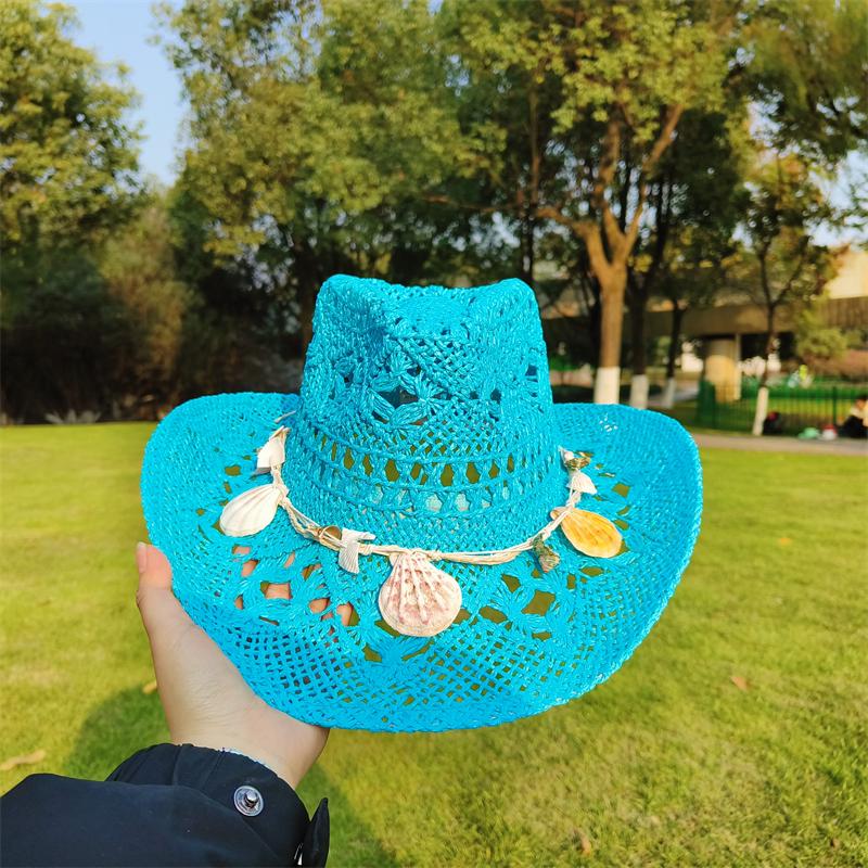 Cowboy Straw Hat for Women Fashion Seashell Straw Cowboy Hat Beach Summer Cowboy Sunshade Jazz Hat Sombrero Vaquero Hombre