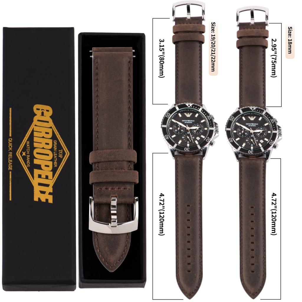 [CORROPELLE] Genuine Leather Watch Band, Quick Release, 18mm 19mm 20mm 21mm 22mm Replacement Strap, No Tools Required, Retro Elegant Crazy Horse