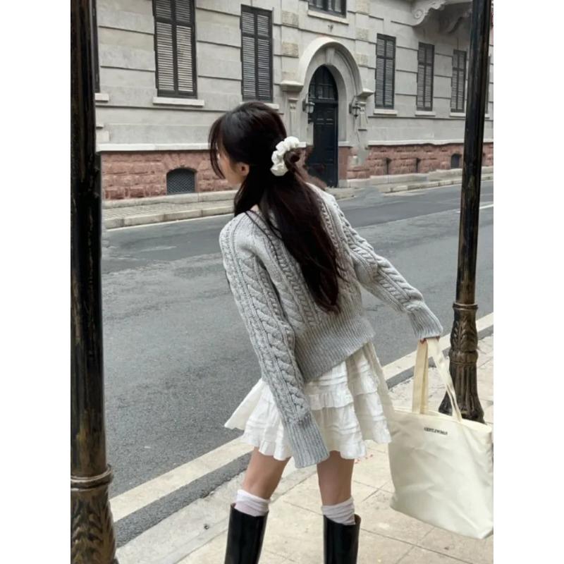 Autumn Korean Fashion Grey Cardigans Women Sweet Hot Girl Bow Bandage Coquette Knitted Sweater Mujer Casual Long Sleeve Tops New