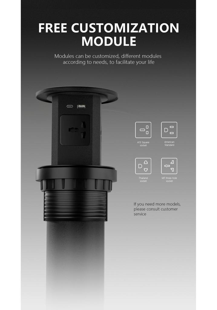 Prise hydraulique de bureau multifonction noire avec charge rapide USB A+C 18W et chargeur sans fil 15A, 250V.