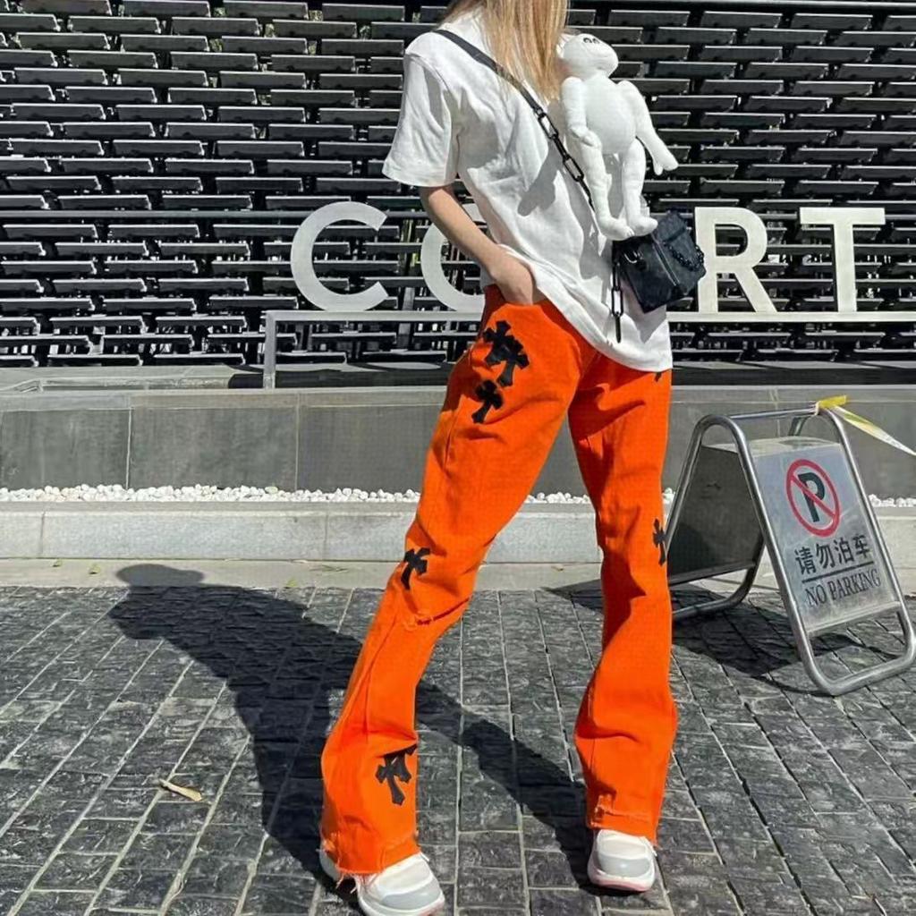 7709 CHROME HEARTS Pánské a dámské trendy džíny v americkém stylu s látkovými nášivkami, ležérní a módní high street kalhoty