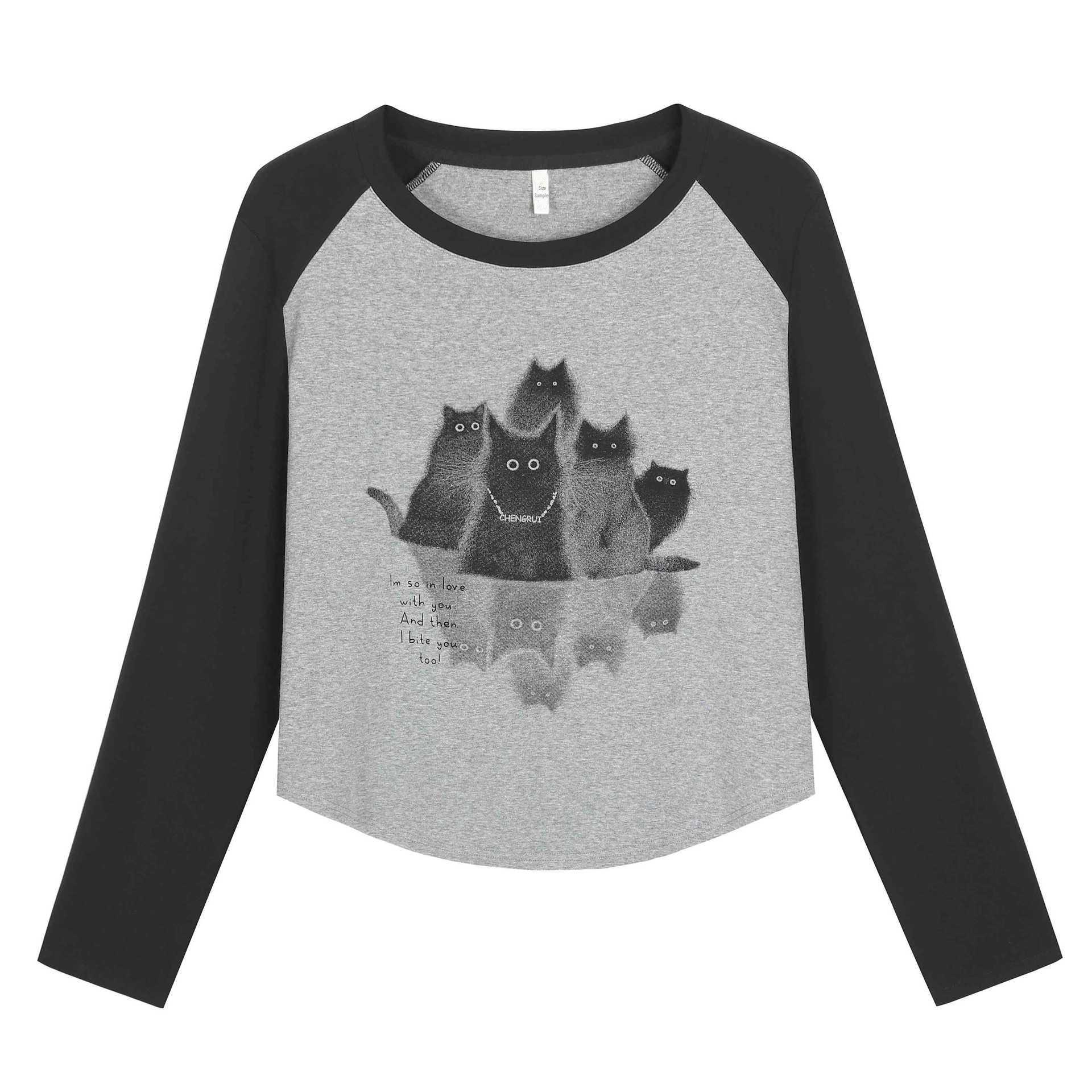 

Футболка с длинными рукавами и принтом американских ретро-котов, большого размера 5XL (Suitable for 100-110kg) серый