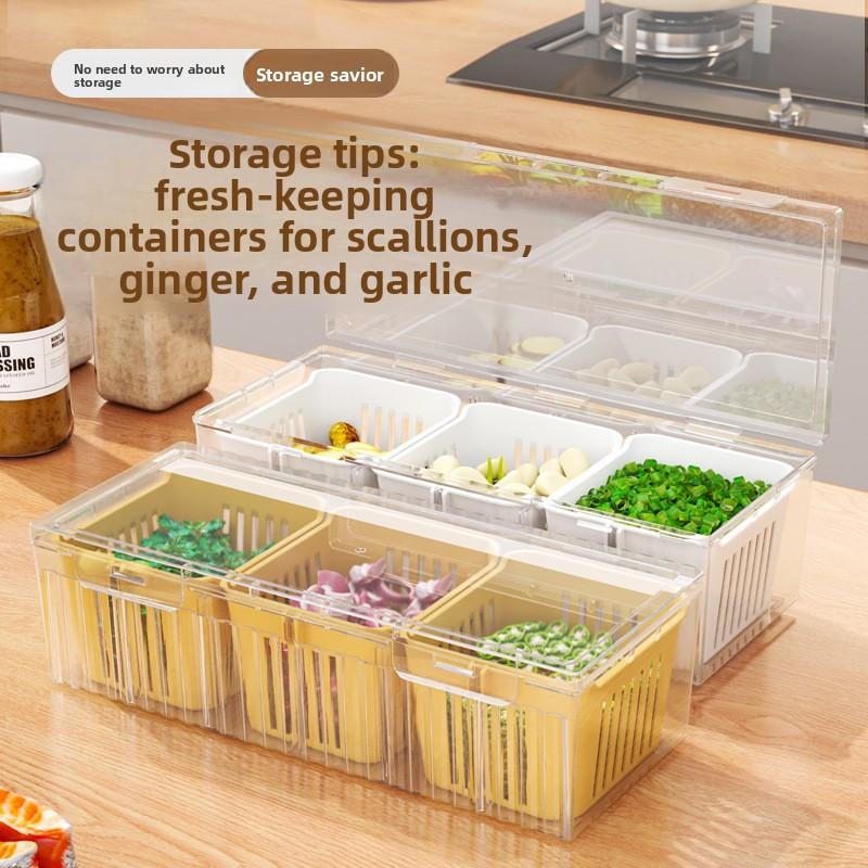 3-layer Fresh-keeping Box, Container for Draining and Storing Scallions, Ginger and Garlic, Kitchen with Lid, Fresh-keeping Box