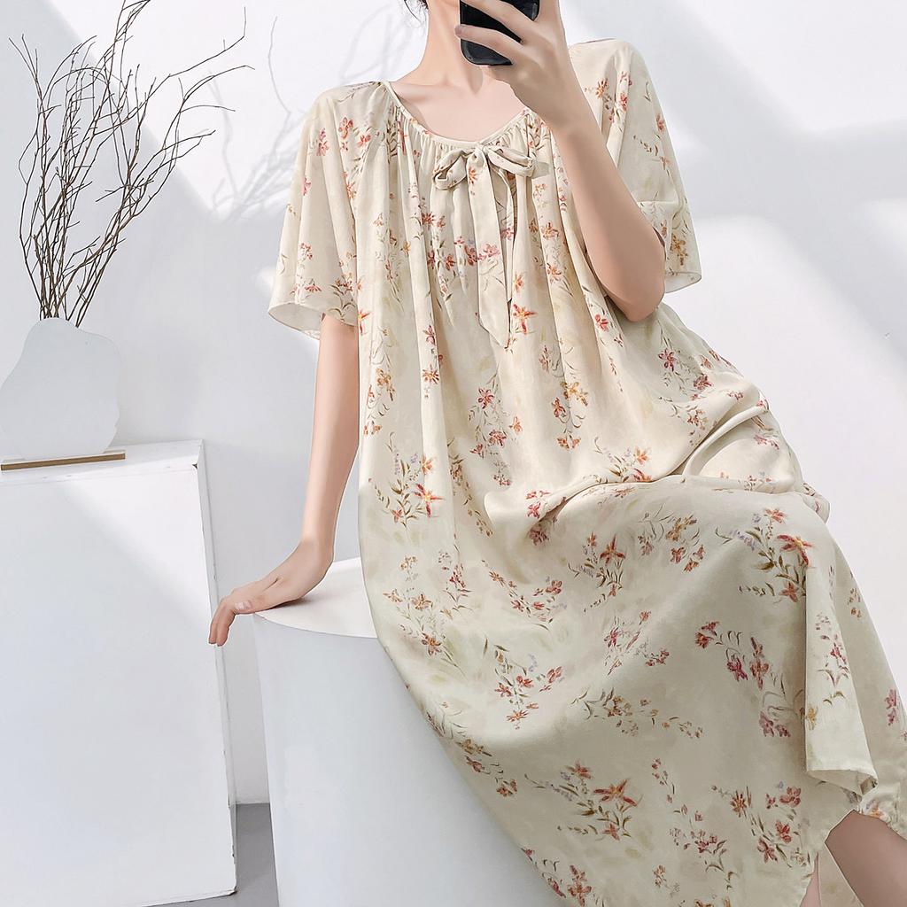1011 new short-sleeved cotton and silk nightdress women's summer round neck can be worn outside medium and long loose high-end home skirt