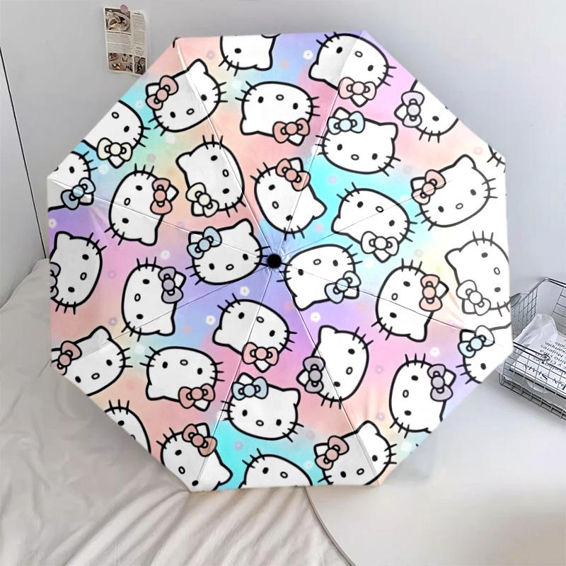 Ombrello pieghevole automatico con motivo Hello Kitty su sfondo sfumato, design portatile e pieghevole, 8 stecche, un regalo di Natale o di compleanno.