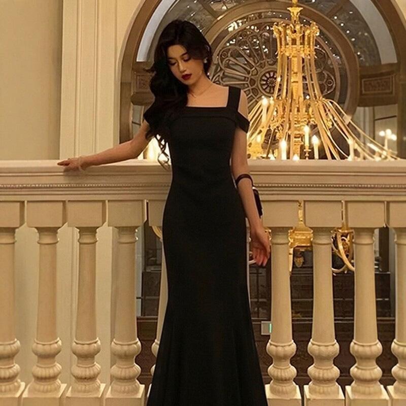 Wholesale custom summer new women's French temperament short-sleeved pleated waist square neck fishtail mesh dress