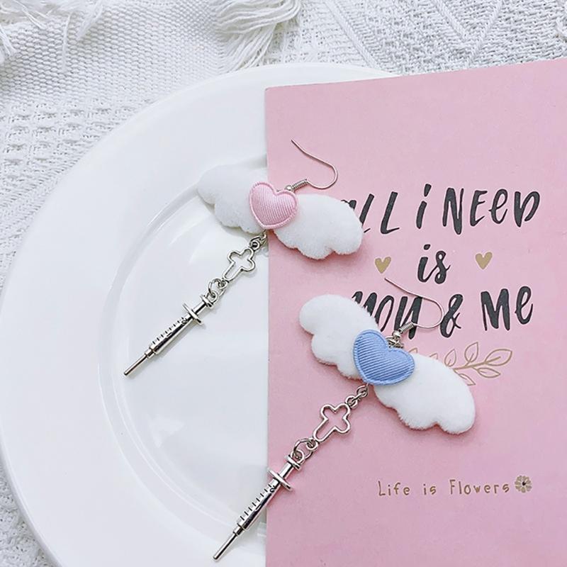 Unique Gothic Earwear Fashion Angel Wing Heart Earrings Y2k Aesthetics Jewelry Crucifix Syringe Ear Hooks/Ear Clips