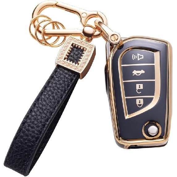 for Toyota Key Fob Cover with Leather Lanyard, Car Key Fob Case Compatible with 2018- Camry RAV4 Highlander Avalon C-HR Prius Corolla GT86 Smart Key