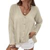 Women's Fashion Casual Solid Color V-Neck Live Button Long Sleeve T-Shirt Top