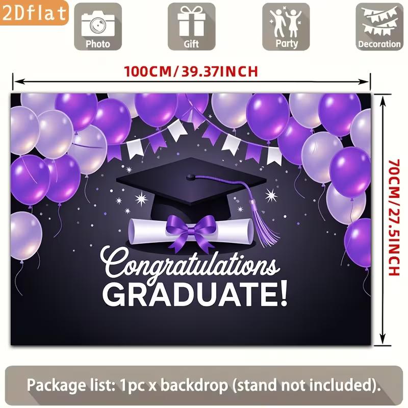 2D Graduation Photo Backdrop, Purple Black "Congratulations Graduate" Themed Party Background