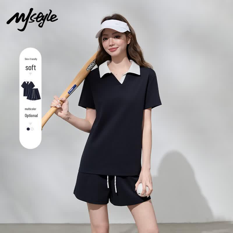 MJ STYLE Color-block Polo T-shirt & Shorts Set