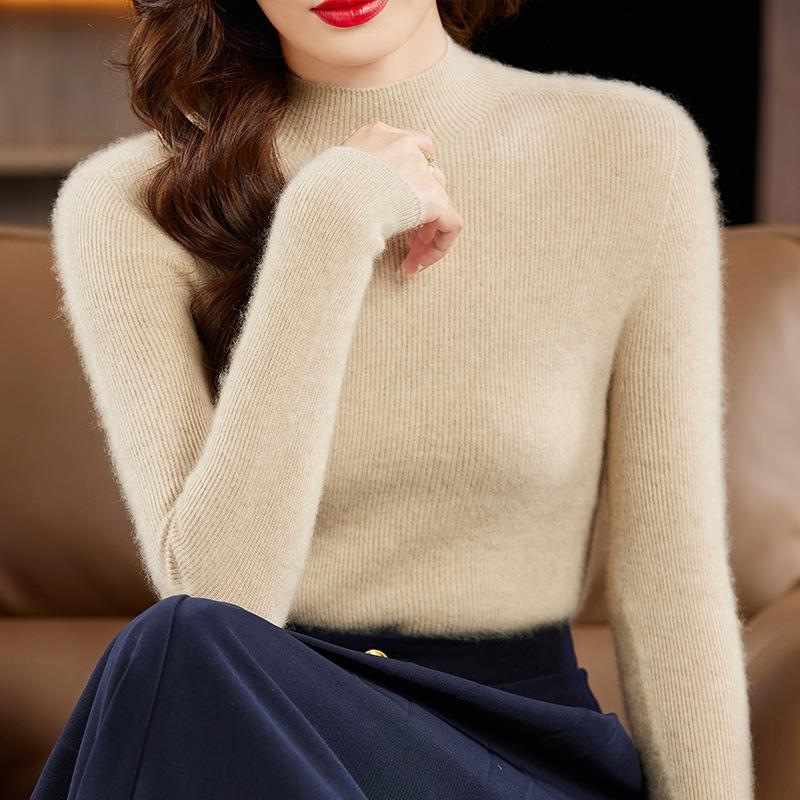 Autumn and Winter Style with Half Turtleneck Pull-up Sweater for Women with Slim Age-reducing Base Shirt Top Warm Long-sleeved Sweater