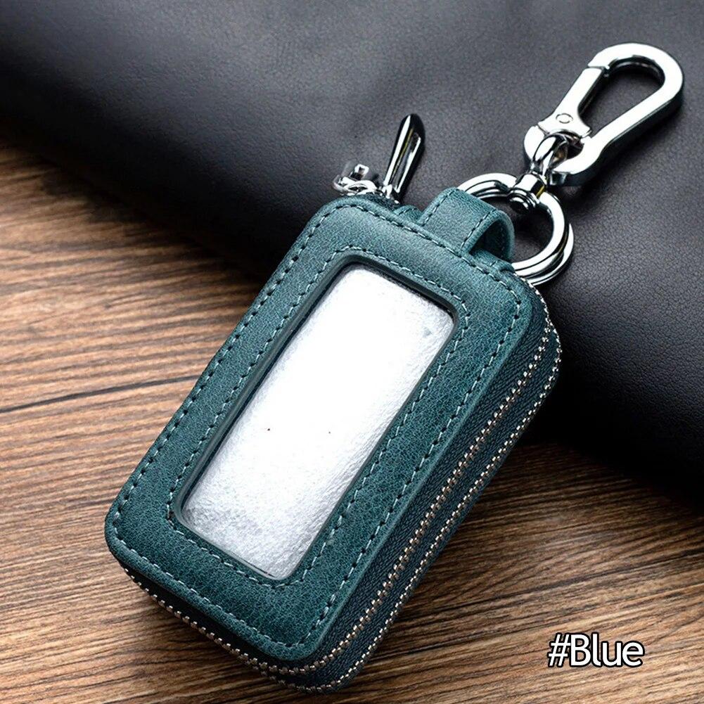 Genuine Cow Leather Home Car Keys' Bag Double Pocket Zipper Mini Wallet Earth Yellow Men Women's Key Holder Transparent Pocket