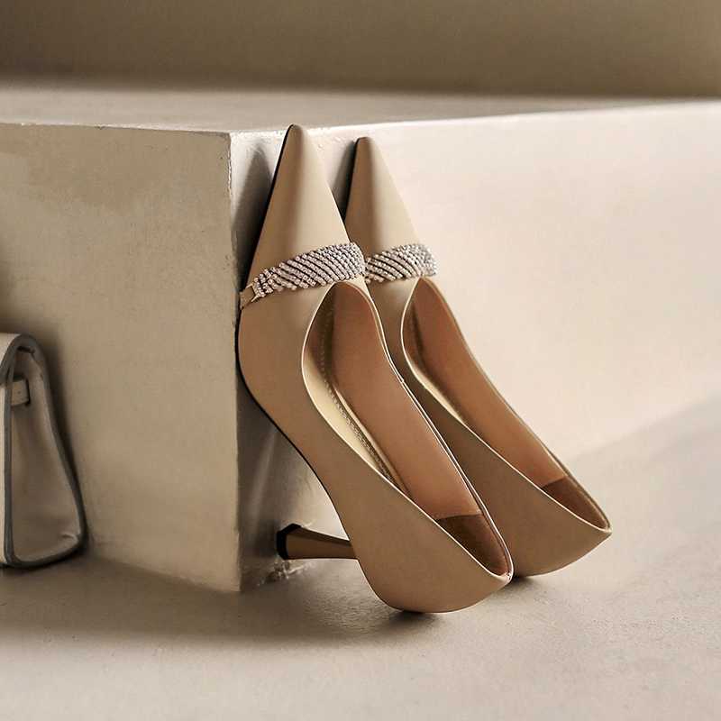 Cow Leather Pointed Toe High Heels Rhinestone Women Pumps