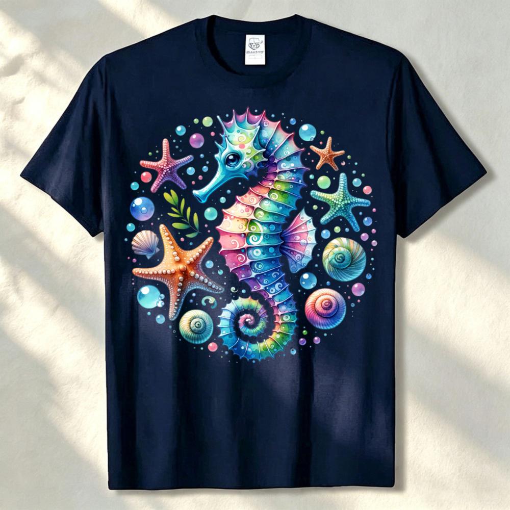 Rainbow Seahorse Starfish Seashell Ocean Graphic Unisex Cotton Tee Beach Sea Life Summer Vacation Casual Basic Apparel Wear Top