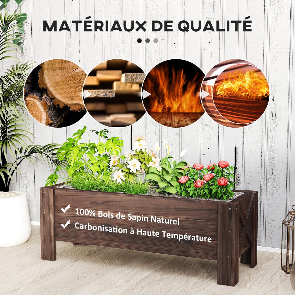 58L Garden Raised Bed Planter Grow Containers for Outdoor Patio Plant Flower Vegetable Pot Fir Wood, 100 x 36.5 x 36 cm, Carbonized Colour
